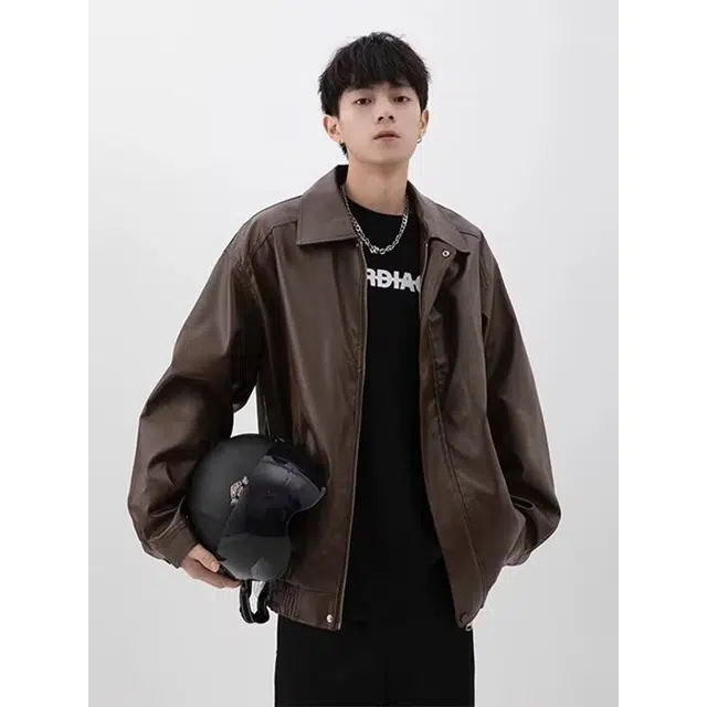 木木兔 美式复古皮衣痞帅潮牌休闲宽松外套情侣翻领夹克 男款