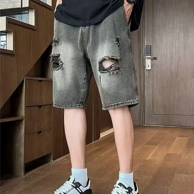 木木兔 美式做旧破洞复古潮牌牛仔短裤 男款