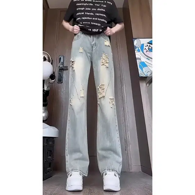 木木兔 美式破洞复古高街休闲时尚欧美设计感直筒高级长裤牛仔裤 男款