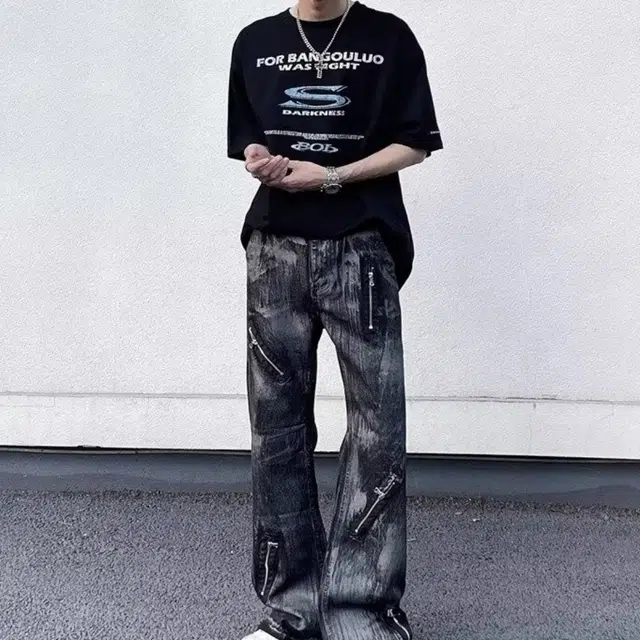 木木兔 夏季美式大码街头拉链微喇牛仔裤休闲时尚宽松设计感高街做旧直筒阔腿拖地长裤 男款