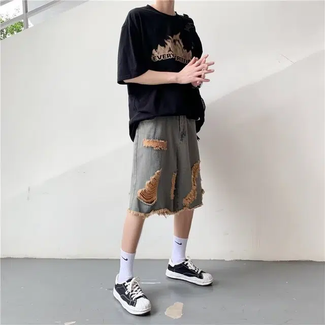 木木兔 夏季美式复古破洞潮牌薄款拼色休闲百搭小众时尚设计感五分牛仔短裤 男款