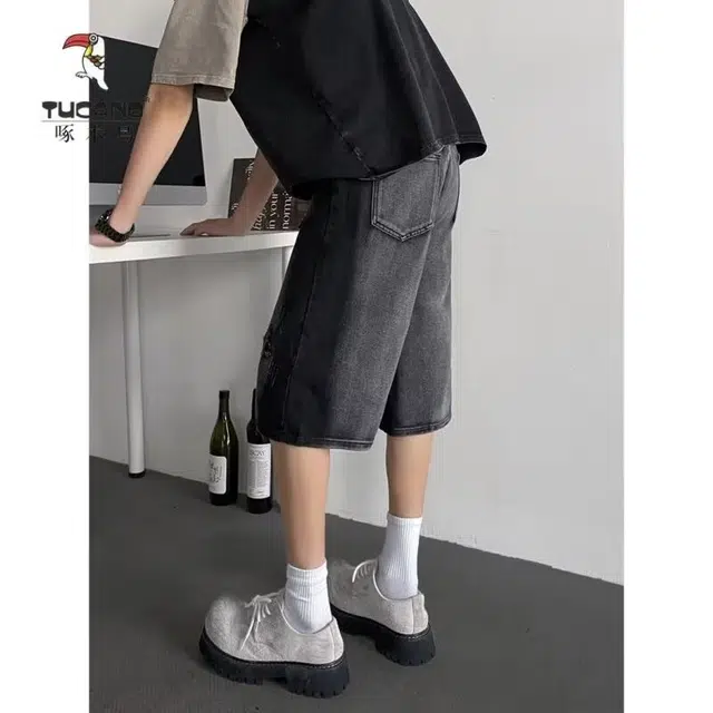 木木兔 美式高街破洞复古潮牌直筒休闲百搭小众时尚设计感七分裤牛仔短裤 男款