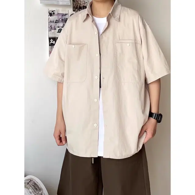 木木兔 夏季日系复古纯色简约宽松休闲百搭工装衬衣外套短袖衬衫 男款