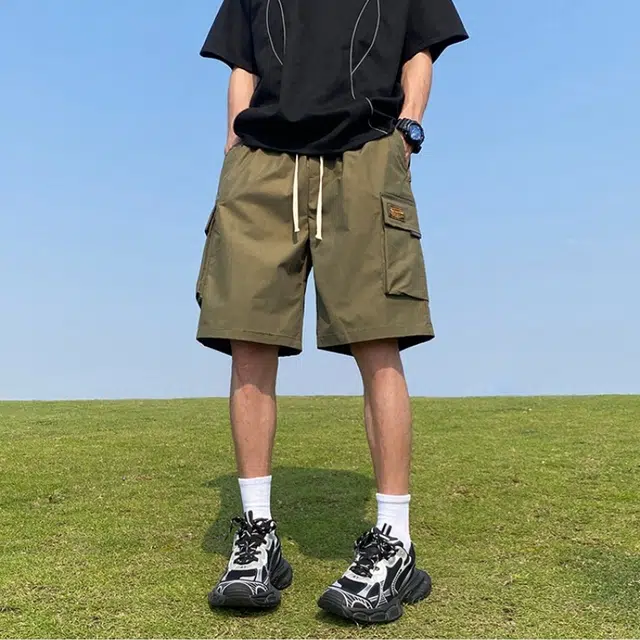 木木兔 美式大口袋潮牌速干百搭休闲宽松时尚运动中裤透气小众五分裤工装短裤 男款