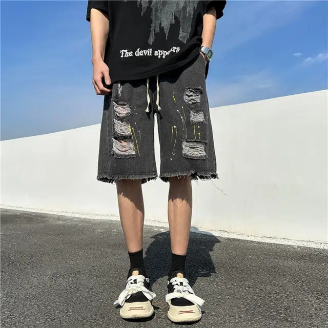 木木兔 美式高街破洞复古潮牌休闲毛边百搭小众时尚高级感五分牛仔短裤 男款