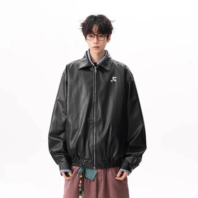 木木兔 美式复古假两件格子拼接皮衣宽松外套休闲时尚夹克 男款