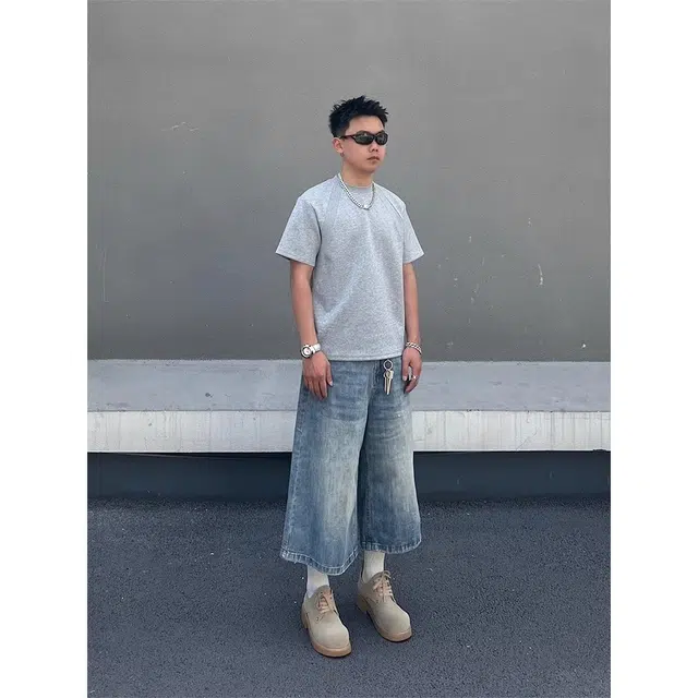 木木兔 美式复古水洗竹节纹七分牛仔裤 百搭潮流男高级感夏季宽松休闲裤子 男款