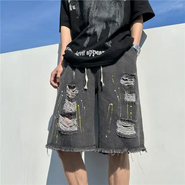 木木兔 美式高街破洞复古潮牌休闲毛边百搭小众时尚高级感五分牛仔短裤 男款