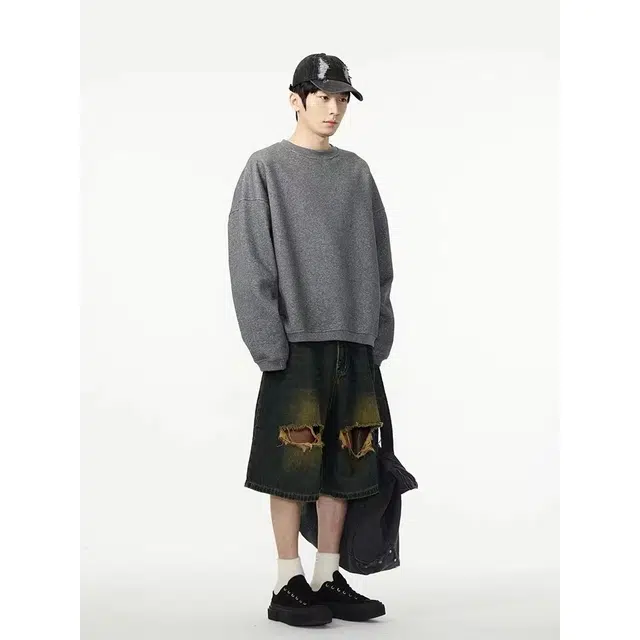 木木兔 美式破洞复古潮牌休闲百搭小众时尚高级感五分裤牛仔短裤 男款