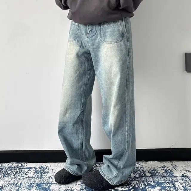 木木兔 美式高街水洗做旧牛仔裤男潮牌宽松百搭直筒阔腿长裤子 男款