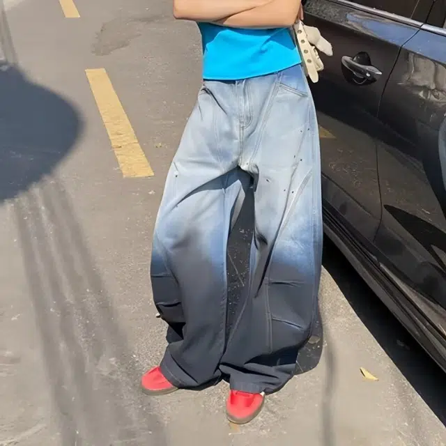 木木兔 美式复古泼墨渐变弯刀牛仔裤 简约时尚百搭潮流休闲宽松大码长裤  男款