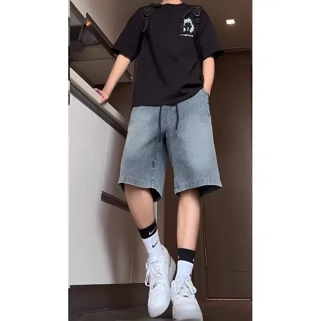 木木兔 美式复古痞帅潮牌休闲直筒百搭小众时尚设计感五分裤牛仔短裤 男款