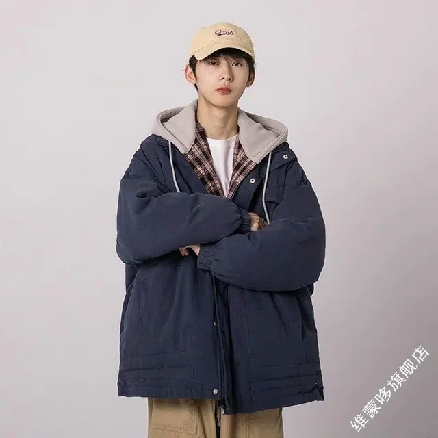 木木兔 美式假两件宽松潮牌面包工装棉服 男款