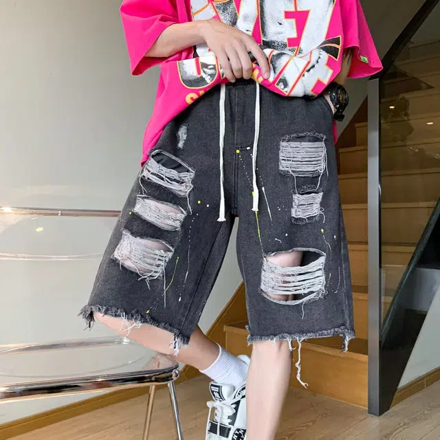 木木兔 美式毛边破洞复古潮牌高街休闲百搭小众时尚设计感五分裤牛仔短裤 男款