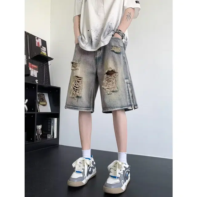 木木兔 夏季美式嘻哈破洞复古潮牌欧美风百搭小众时尚高级感五分裤牛仔短裤 男款