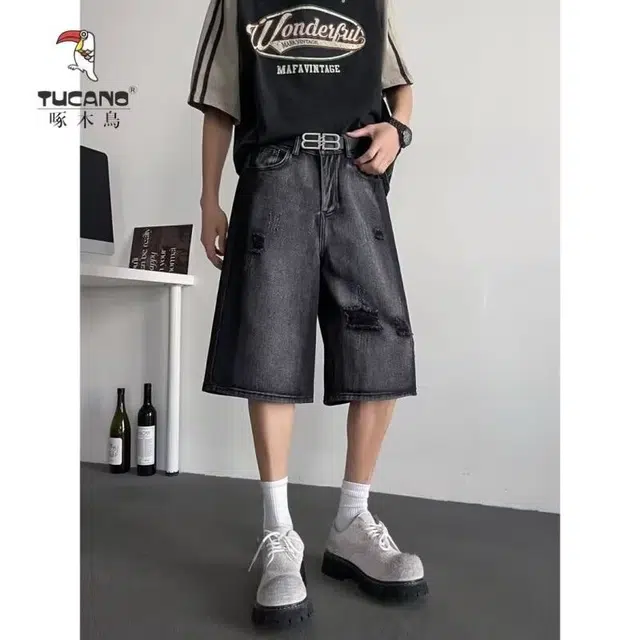 木木兔 美式高街破洞复古潮牌直筒休闲百搭小众时尚设计感七分裤牛仔短裤 男款