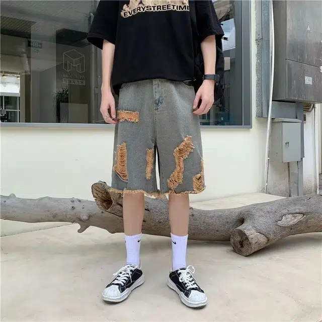 木木兔 夏季美式复古破洞潮牌薄款拼色休闲百搭小众时尚设计感五分牛仔短裤 男款