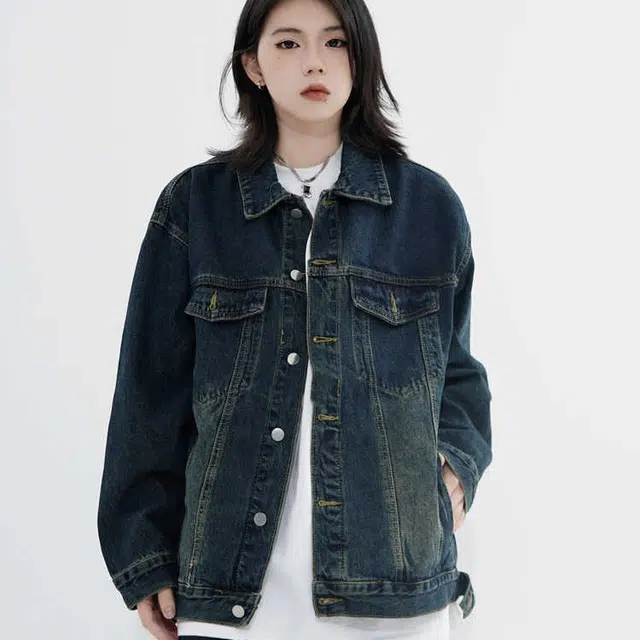 木木兔 美式潮牌水洗做旧牛仔外套复古宽松嘻哈百搭情侣翻领夹克 男款