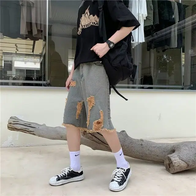 木木兔 夏季美式复古破洞潮牌薄款拼色休闲百搭小众时尚设计感五分牛仔短裤 男款