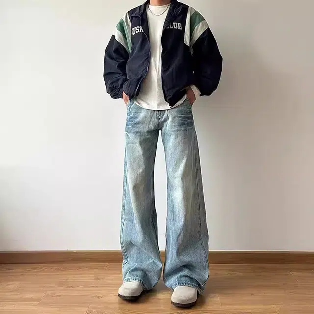 木木兔 美式复古水洗做旧小众闪电裂纹设计牛仔裤百搭潮流男直筒宽松显瘦裤 男款