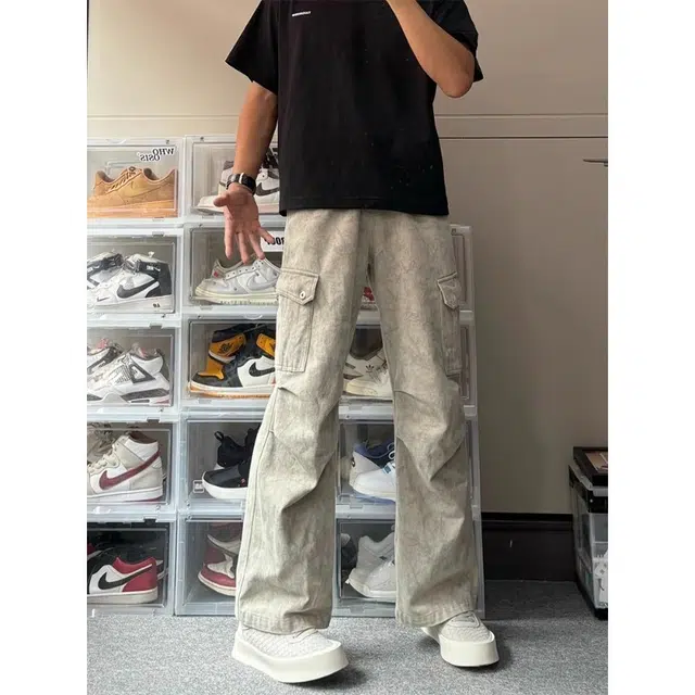 木木兔 美式多口袋伞兵工装牛仔裤 男高街褶皱痞帅宽松直筒休闲阔腿长裤子 男款