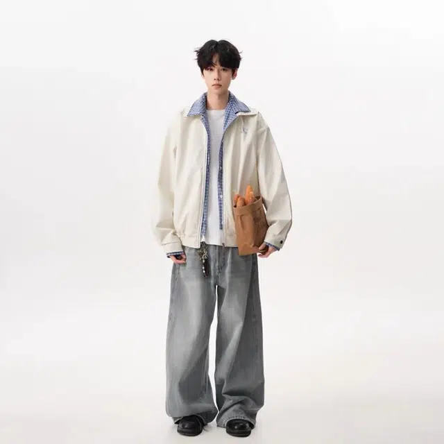 木木兔 美式复古假两件格子拼接皮衣宽松外套休闲时尚夹克 男款