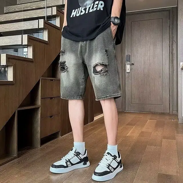 木木兔 美式做旧破洞复古潮牌牛仔短裤 男款