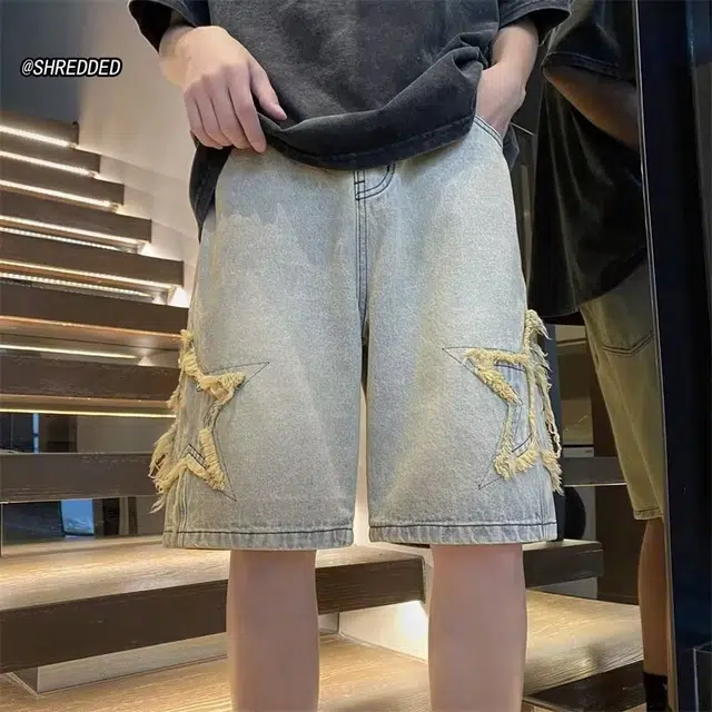 木木兔 美式复古潮牌休闲百搭小众时尚星星潮流设计感五分裤牛仔短裤 男款