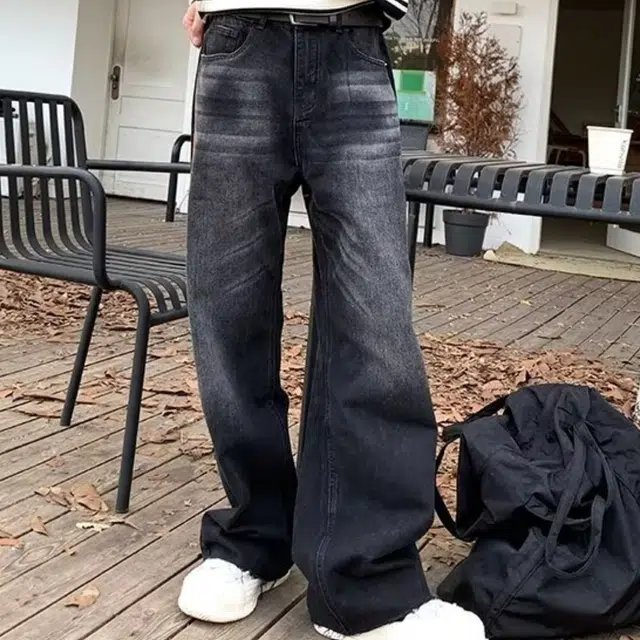 木木兔 美式微喇复古高街牛仔裤薄款水洗做旧休闲时尚宽松设计感直筒阔腿拖地长裤 男款