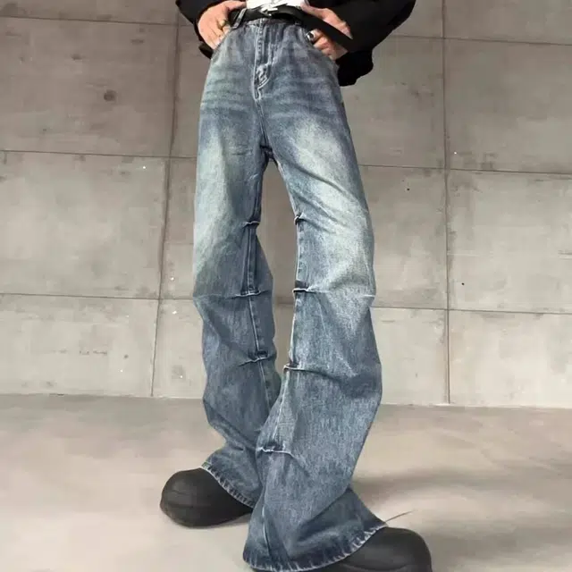 木木兔 美式高街复古水洗褶皱牛仔裤 男款