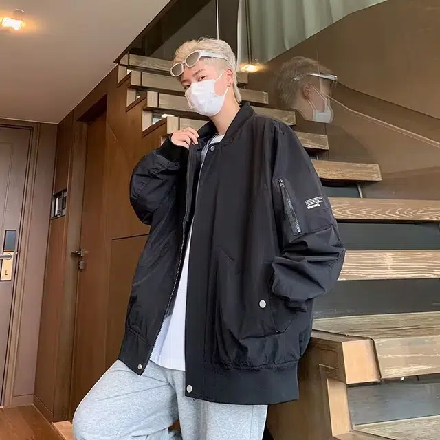 木木兔 美式潮牌贴标工装外套男士宽松大码青年学生棒球服飞行员夹克 男款