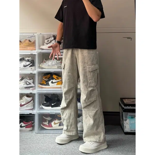 木木兔 美式多口袋伞兵工装牛仔裤 男高街褶皱痞帅宽松直筒休闲阔腿长裤子 男款