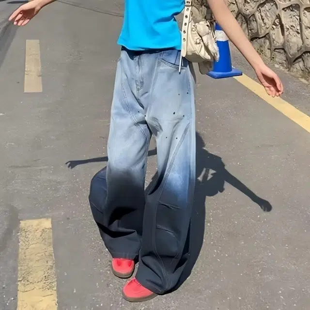 木木兔 美式复古泼墨渐变弯刀牛仔裤 简约时尚百搭潮流休闲宽松大码长裤  男款