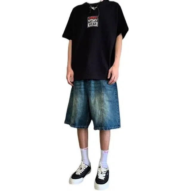 木木兔 美式复古水洗做旧潮牌宽松直筒休闲百搭小众时尚五分牛仔短裤 男款