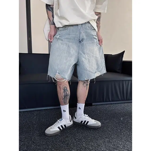 木木兔 美式复古磨边猫须破洞休闲百搭潮流小众时尚设计感五分裤牛仔短裤 男款