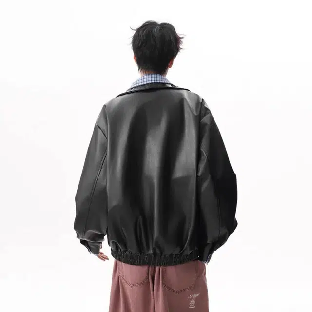 木木兔 美式复古假两件格子拼接皮衣宽松外套休闲时尚夹克 男款