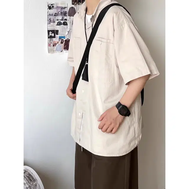 木木兔 夏季日系复古纯色简约宽松休闲百搭工装衬衣外套短袖衬衫 男款