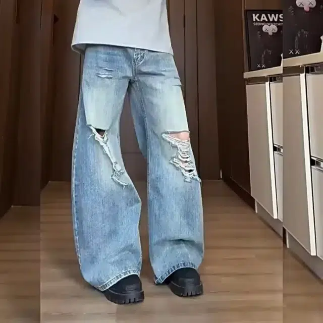 木木兔 美式复古竹节纹做旧破洞牛仔裤 街头潮牌直筒微喇弯刀裤潮 男款