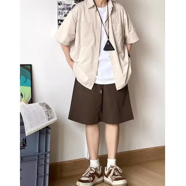 木木兔 夏季日系复古纯色简约宽松休闲百搭工装衬衣外套短袖衬衫 男款