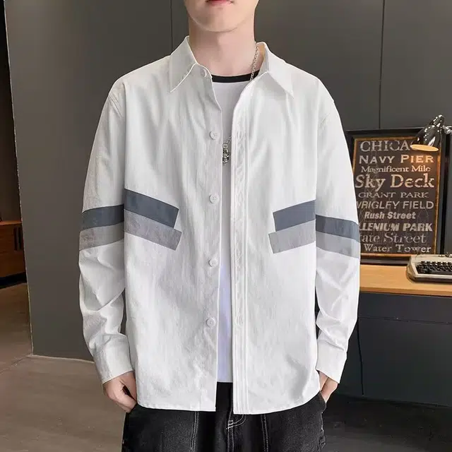 木木兔 日系清新拼接条纹长袖百搭休闲宽松纯棉衬衫 男女同款