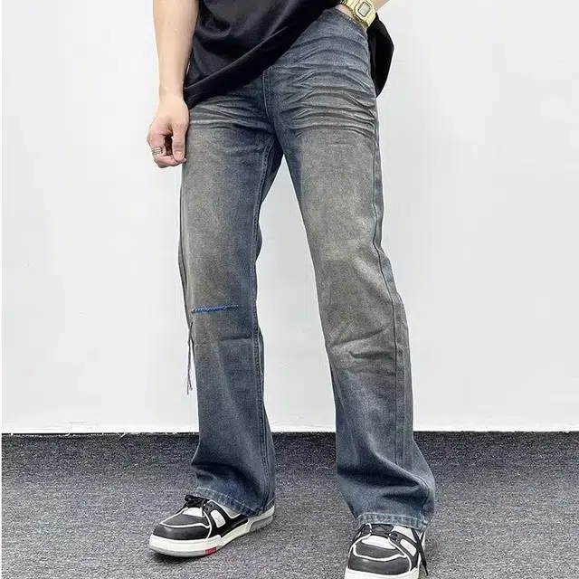 木木兔 美式高街刺绣流苏做旧牛仔裤休闲时尚设计感直筒修身显瘦裤子潮 男款