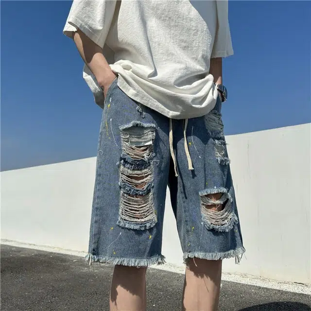 木木兔 美式高街破洞复古潮牌休闲毛边百搭小众时尚高级感五分牛仔短裤 男款