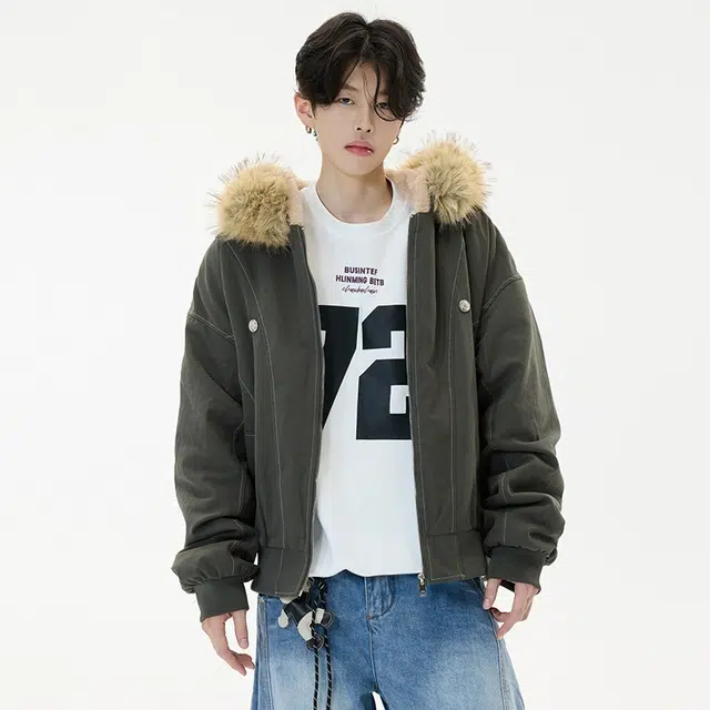 木木兔 国潮座山雕毛绒连帽棉服宽松棉衣夹棉外套 男款