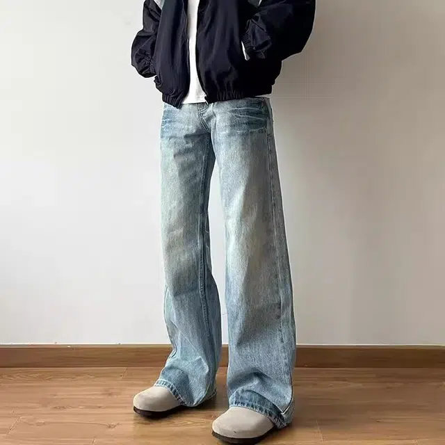 木木兔 美式复古水洗做旧小众闪电裂纹设计牛仔裤百搭潮流男直筒宽松显瘦裤 男款
