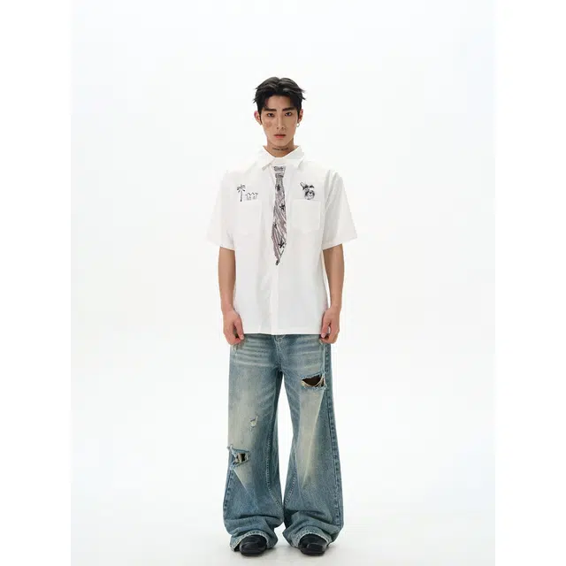 木木兔 美式复古潮牌简约高级感短袖衬衫 男款