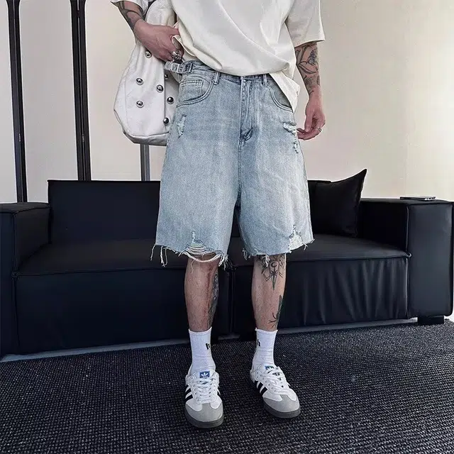 木木兔 美式复古磨边猫须破洞休闲百搭潮流小众时尚设计感五分裤牛仔短裤 男款