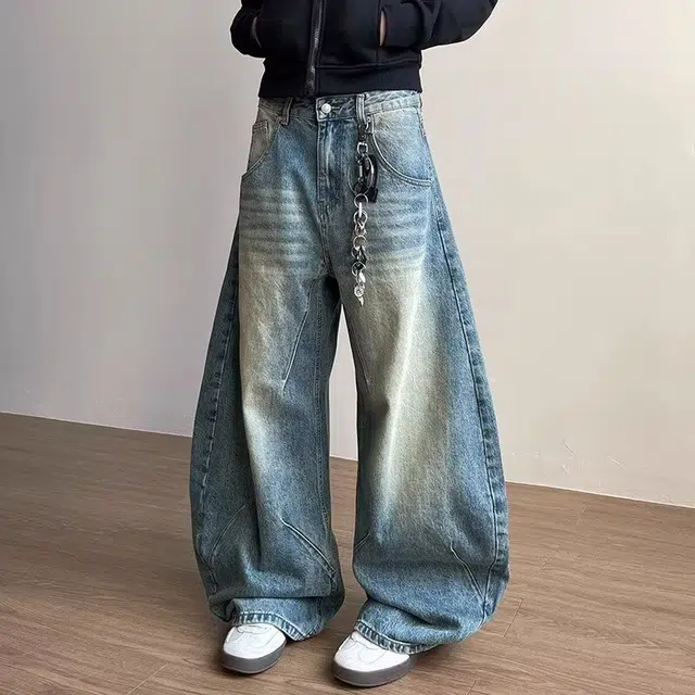 木木兔 美式水洗做旧弯刀牛仔裤 男女复古小众高街宽松阔腿情侣裤子 男款