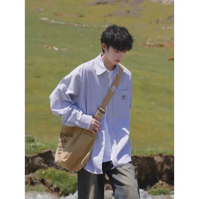 木木兔 美式春秋季慵懒风休闲上衣宽松百搭外套笑脸条纹长袖衬衫 男女同款