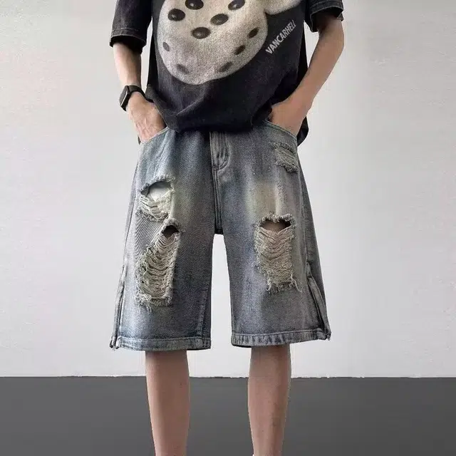 木木兔 美式复古破洞潮牌休闲百搭阔腿小众设计五分牛仔短裤 男款