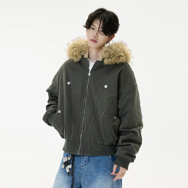 木木兔 国潮座山雕毛绒连帽棉服宽松棉衣夹棉外套 男款